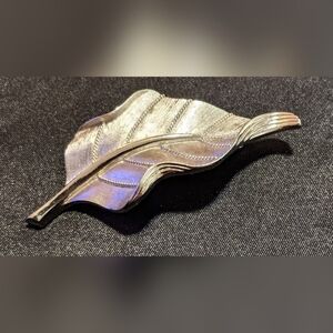 Vintage Trifari Brushed Silver Tone Leaf Brooch Pin 2.5" Curled Edges Signed